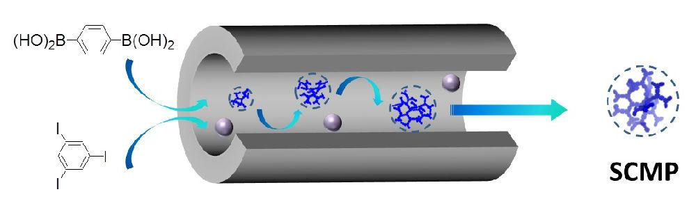 A2+B3型单体在限域的纳米反应器里生成粒径可控高分子纳米粒子的示意图